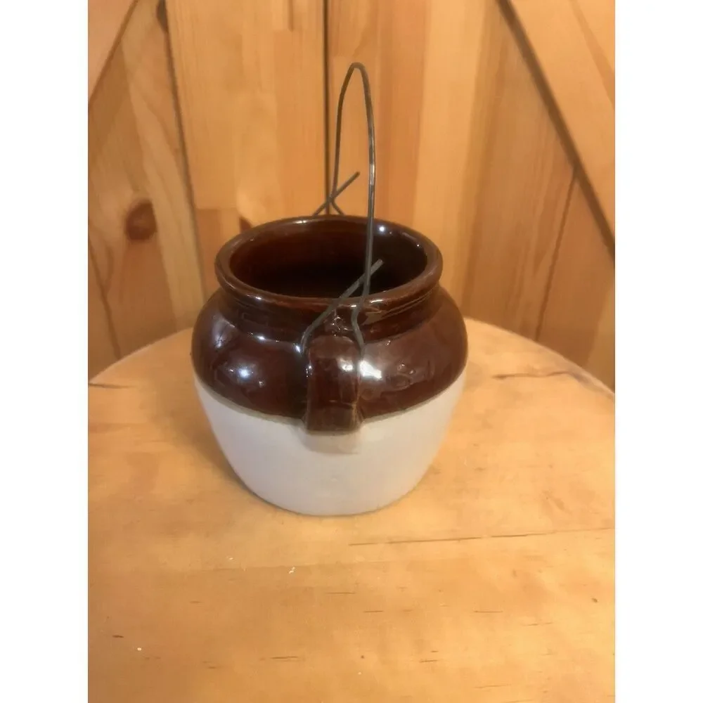 Vintage Bean Pot Ceramic Stoneware Crock Brown Cream Double Loop Handle (7543)